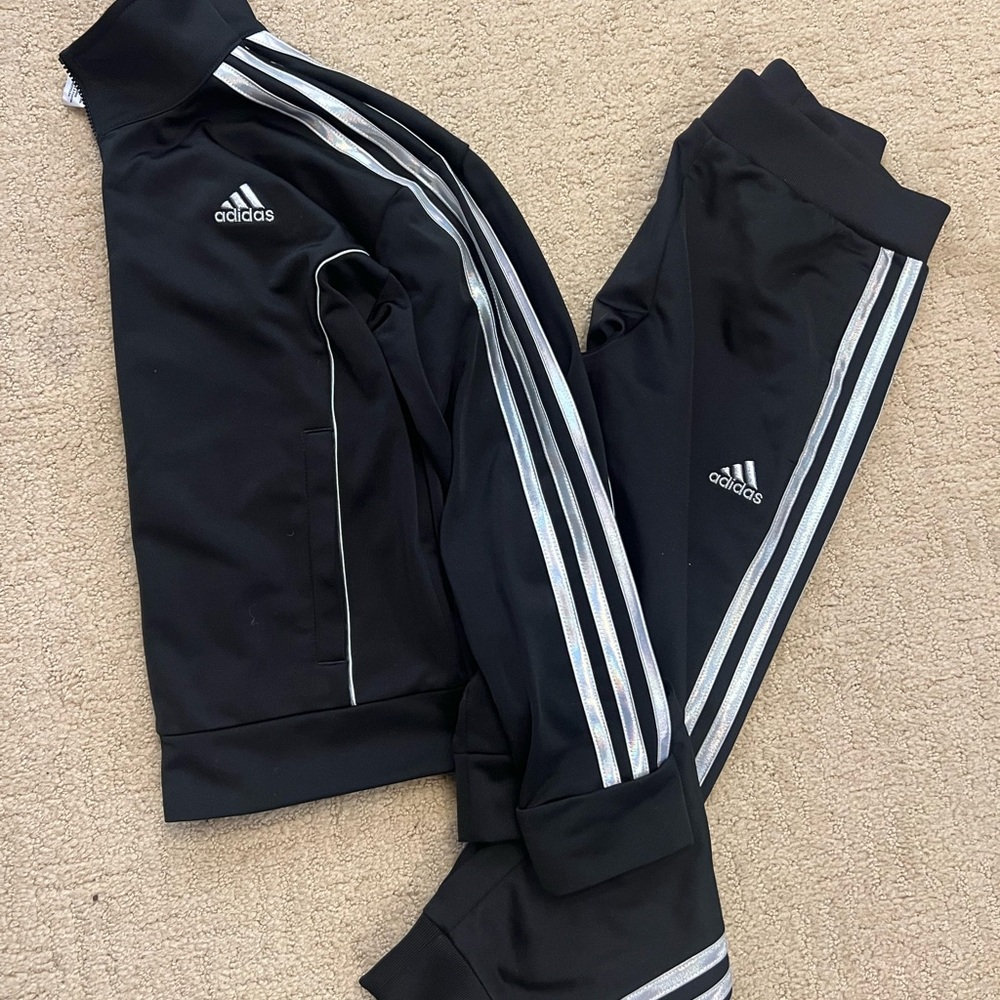 Adidas Kids Black Joggers and Jacket set with Silver Stripes